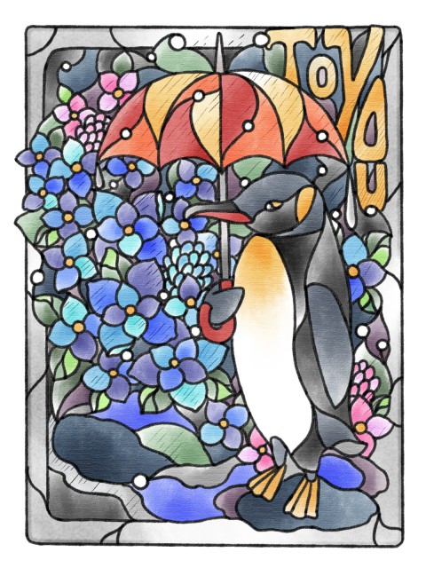 ペンギンとアジサイのタトゥーデザイン画像