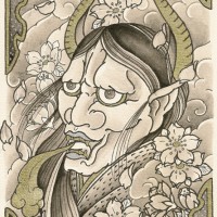 夜叉と桜のタトゥーデザイン、イラスト